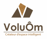 Logo VoluÔm avec trois formes géométriques marron, dont une à motif veines de bois, texte et slogan.